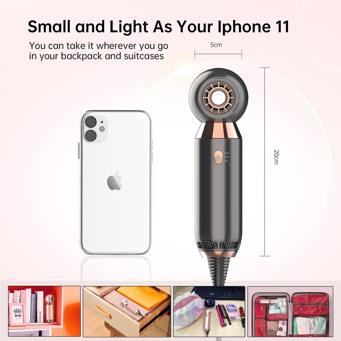 Portable, leafless hair dryer