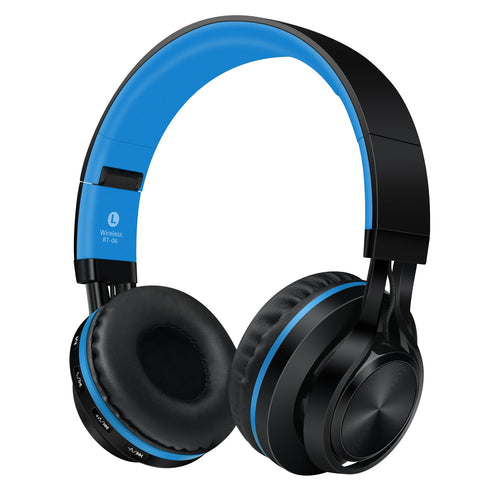 Black and blue BT-06 over-ear wireless headphones.